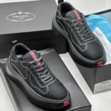 Prada America's Cup Black Mesh Platform Sneakers - Triple Black with Red Line Sole
