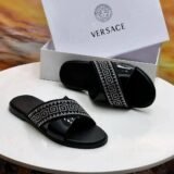Versace Black Crystal Greca Slide Sandals